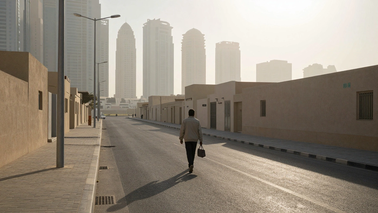 A solitary figure walking through an empty Dubai alley at dawn, quiet and unseen.