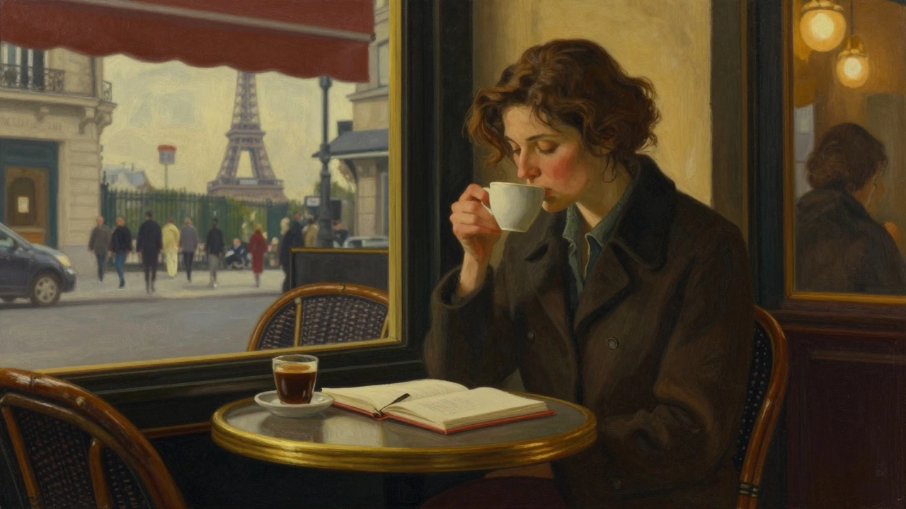 A woman in a Montmartre café, reflecting quietly as the Eiffel Tower glows in the window.